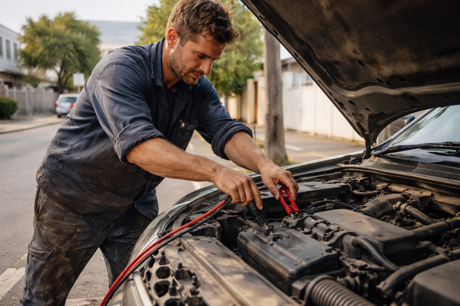 Mobile mechanic testing battery voltage during emergency roadside service in Cape Town