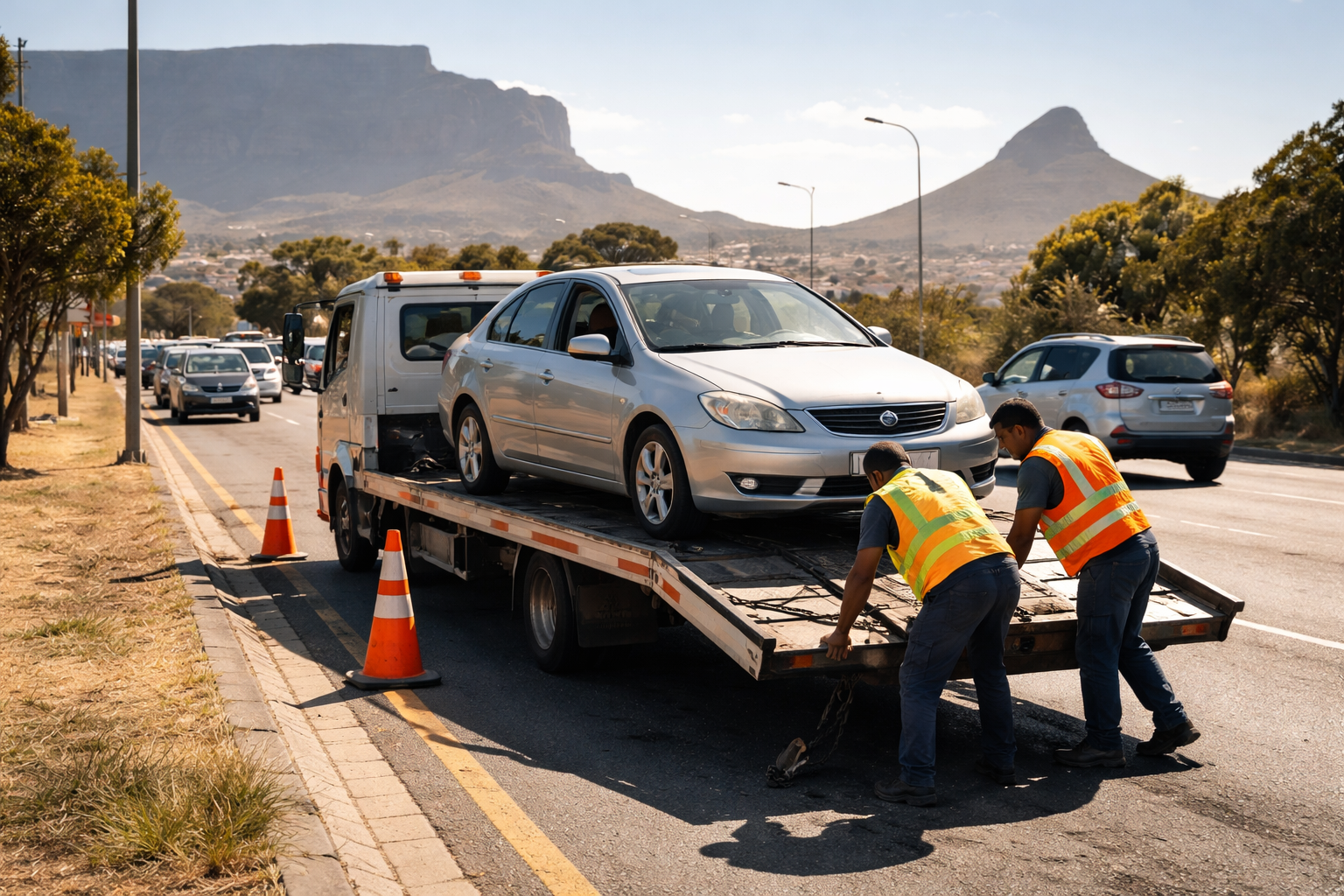 Vehicle loaded on flatbed tow truck for recovery coordinated by mobile mechanic in Cape Town
